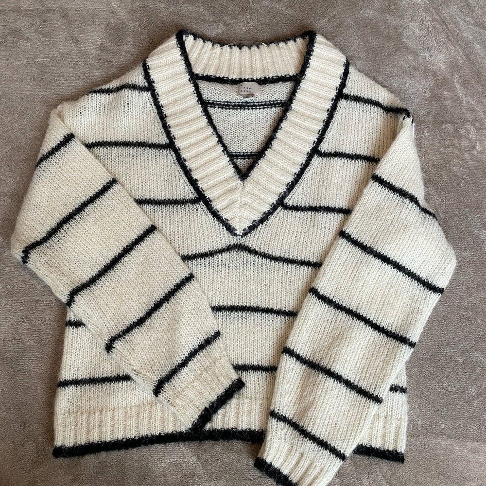 Striped V-Neck Sweater - Cream and Black